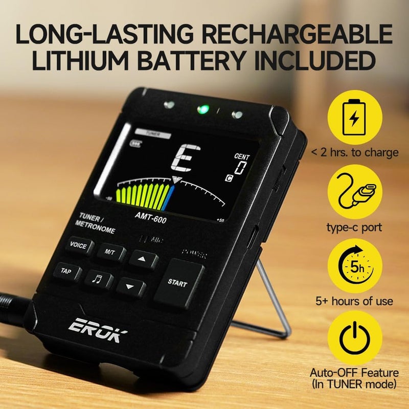EROK Digital Metronome & Tuner - All-in-One Rechargeable with Stereo Headphone Output, Voice Counting, Ideal for Guitar, Bass, Violin & String Instruments(Black) - Image 3